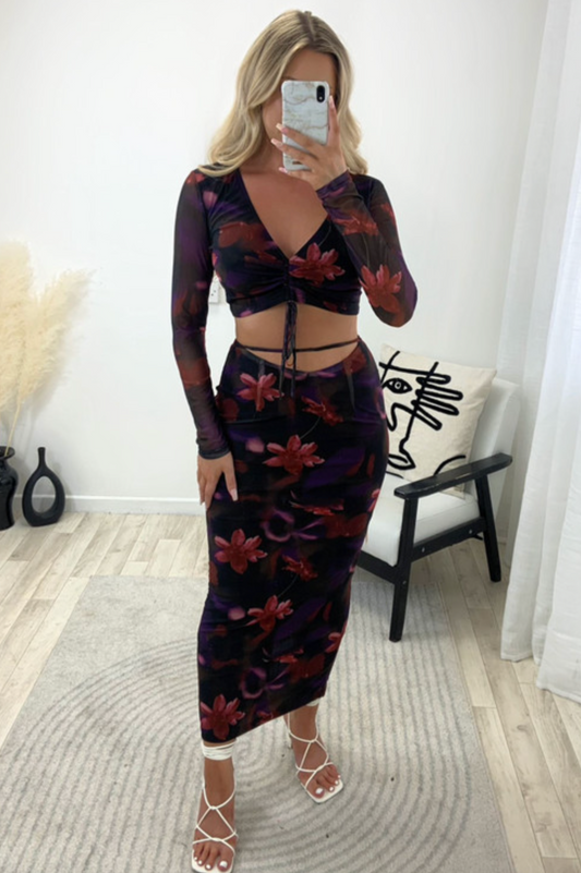 Essence of the Night Floral Mesh Crop Top and Maxi Skirt Co-Ord