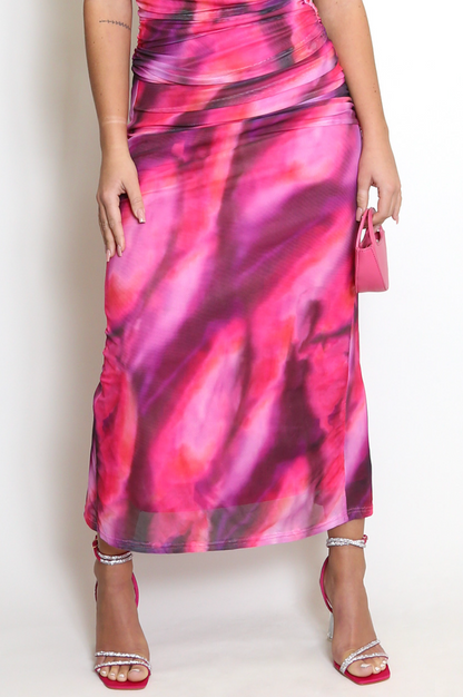 Ibiza Nights Tie Dye Print Ruched Top And Maxi Skirt Set